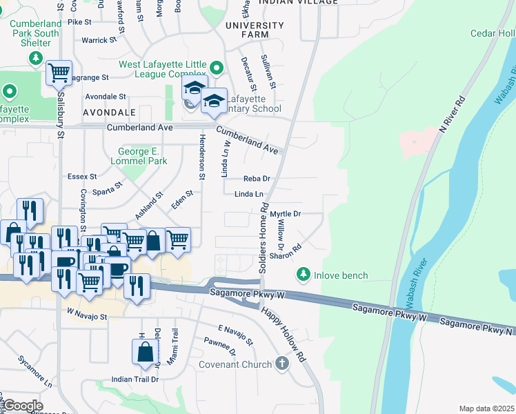 map of restaurants, bars, coffee shops, grocery stores, and more near 124 Westview Circle in West Lafayette