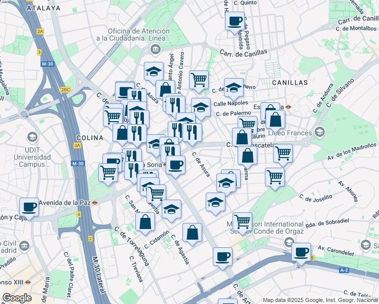map of restaurants, bars, coffee shops, grocery stores, and more near 16 Calle de Ulises in Madrid