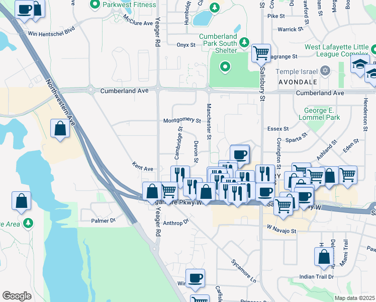 map of restaurants, bars, coffee shops, grocery stores, and more near 1000 Eton St in West Lafayette