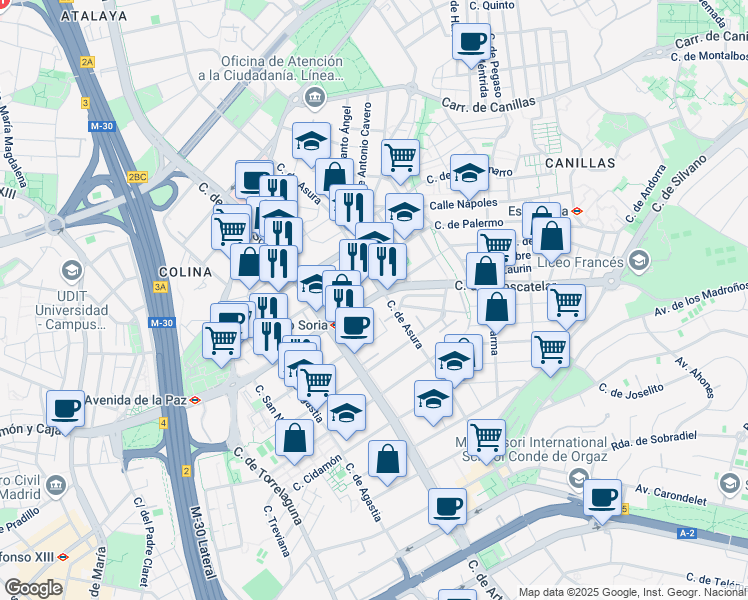 map of restaurants, bars, coffee shops, grocery stores, and more near 16 Calle de Ulises in Madrid