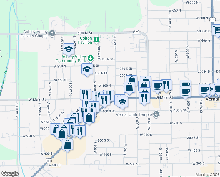 map of restaurants, bars, coffee shops, grocery stores, and more near 831 West 100 North in Vernal