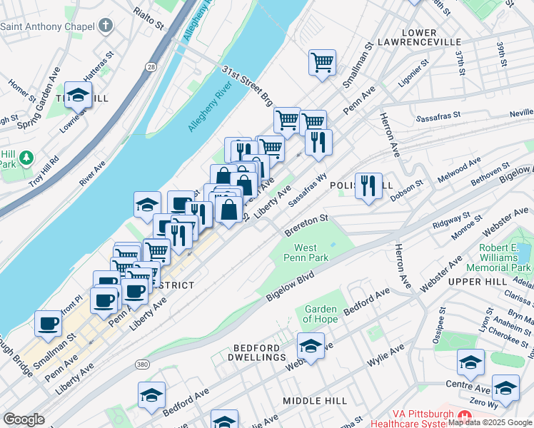 map of restaurants, bars, coffee shops, grocery stores, and more near 2828 Liberty Avenue in Pittsburgh