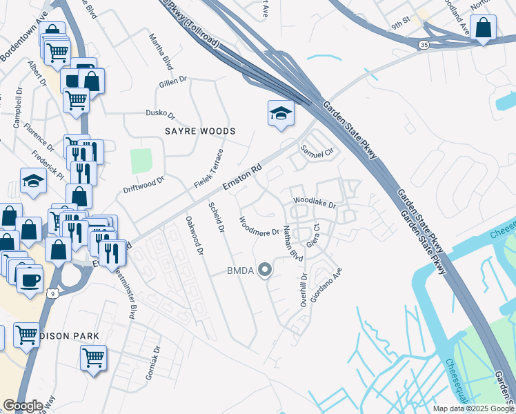 map of restaurants, bars, coffee shops, grocery stores, and more near 11 Upperbrook Court in Sayreville