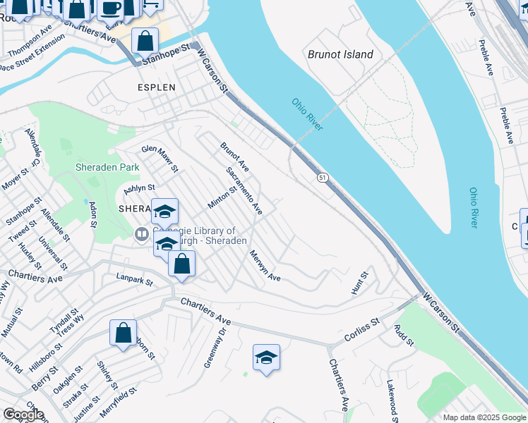 map of restaurants, bars, coffee shops, grocery stores, and more near 2900 Sacramento Avenue in Pittsburgh