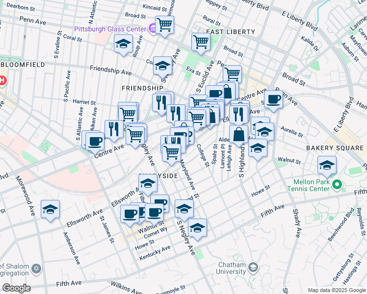 map of restaurants, bars, coffee shops, grocery stores, and more near 5815 Ellsworth Avenue in Pittsburgh