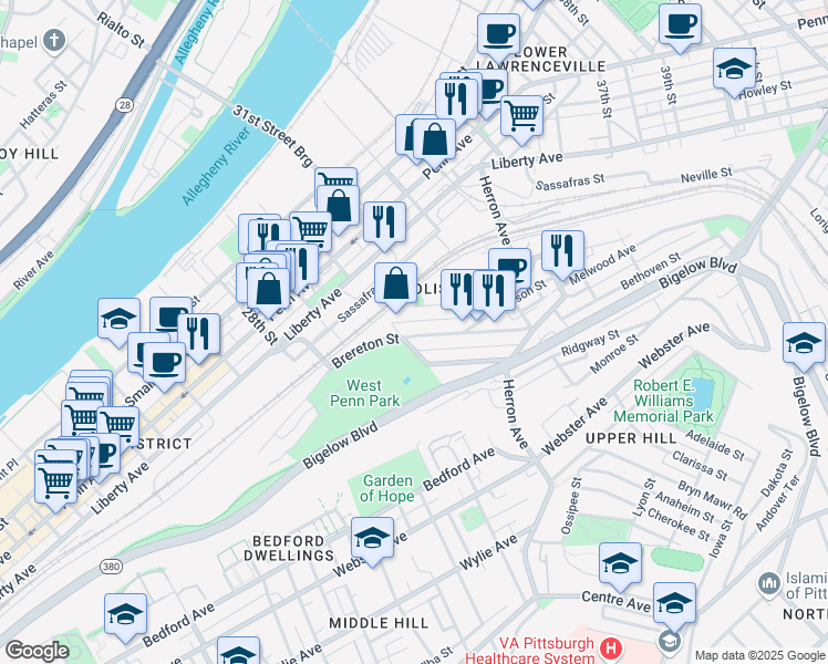 map of restaurants, bars, coffee shops, grocery stores, and more near 3011 Brereton Street in Pittsburgh