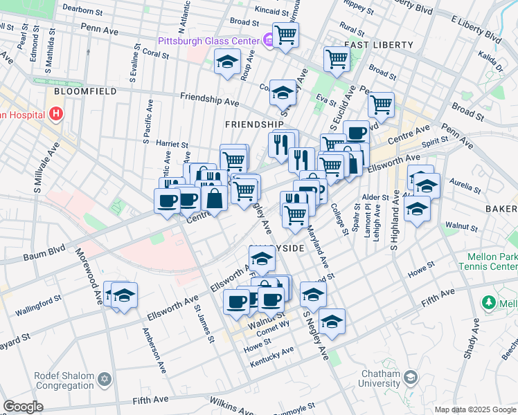 map of restaurants, bars, coffee shops, grocery stores, and more near 525 South Negley Avenue in Pittsburgh