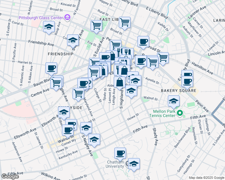 map of restaurants, bars, coffee shops, grocery stores, and more near 319 Lehigh Avenue in Pittsburgh