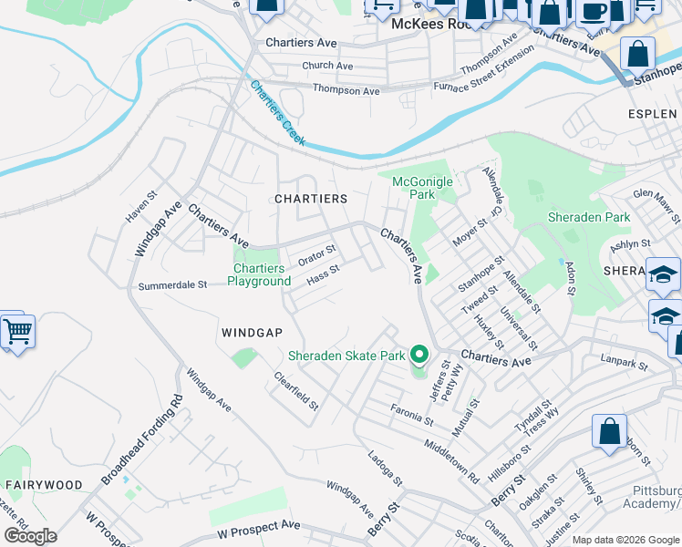 map of restaurants, bars, coffee shops, grocery stores, and more near 1405 Haas Street in Pittsburgh