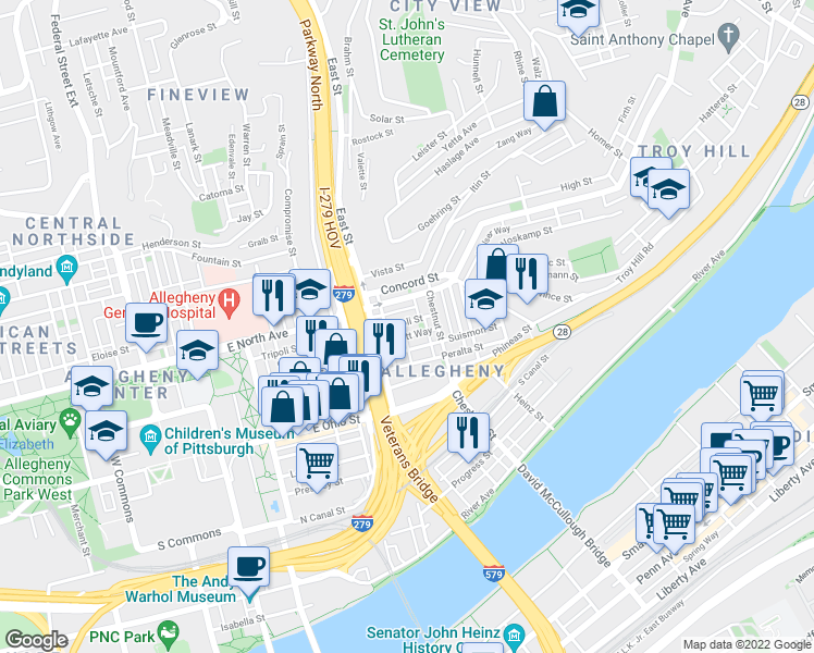 map of restaurants, bars, coffee shops, grocery stores, and more near 825 Tripoli Street in Pittsburgh