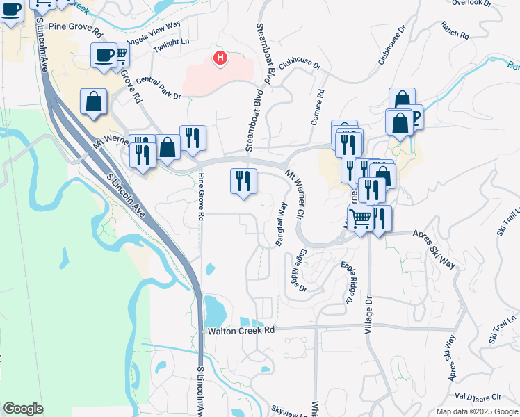 map of restaurants, bars, coffee shops, grocery stores, and more near 1175 Bangtail Way in Steamboat Springs