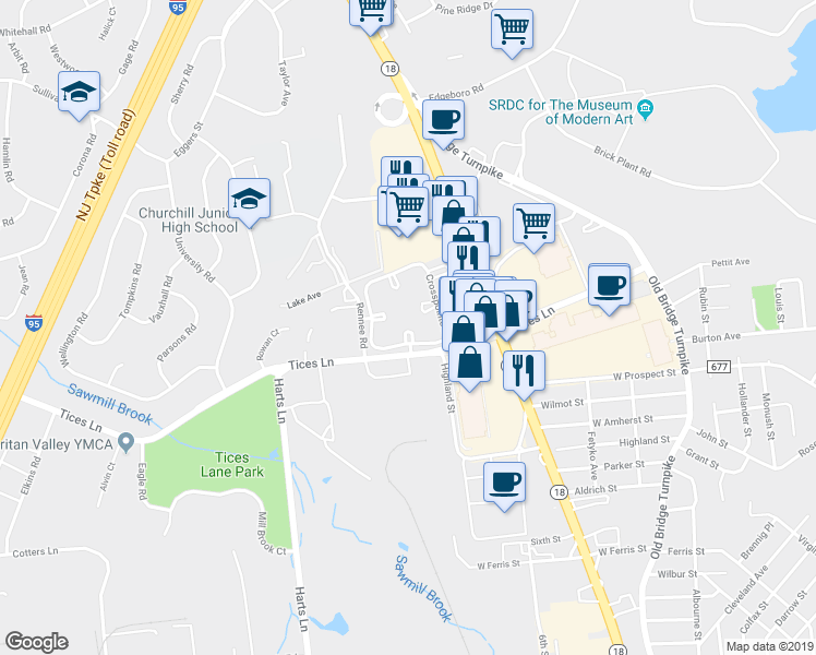 map of restaurants, bars, coffee shops, grocery stores, and more near 23 Lear Court in East Brunswick