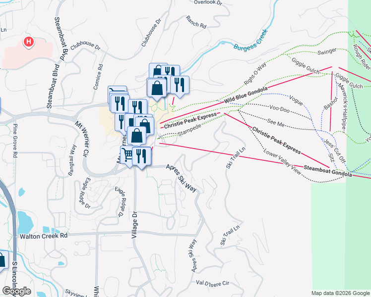 map of restaurants, bars, coffee shops, grocery stores, and more near 2308 Ski Trail Lane in Steamboat Springs