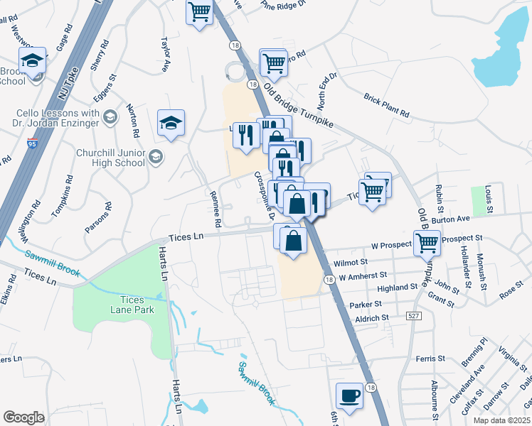 map of restaurants, bars, coffee shops, grocery stores, and more near 342 Crosspointe Drive in East Brunswick