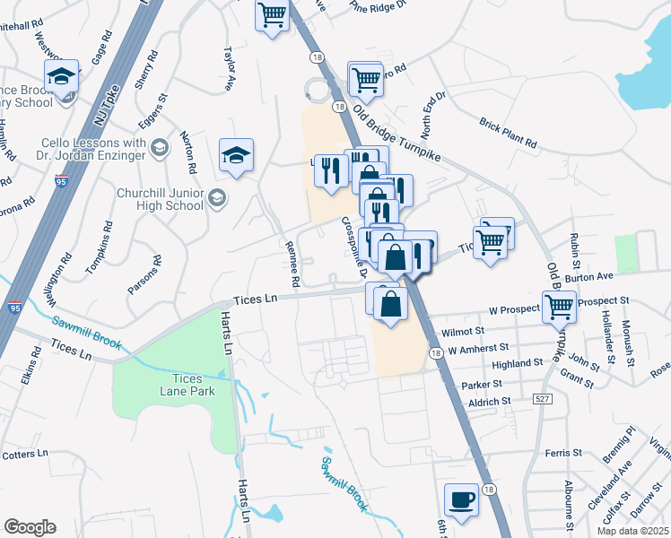 map of restaurants, bars, coffee shops, grocery stores, and more near 23 Lear Court in East Brunswick