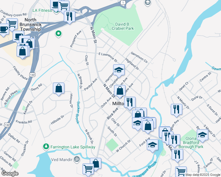 map of restaurants, bars, coffee shops, grocery stores, and more near in Milltown