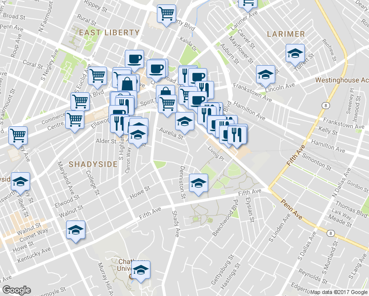 map of restaurants, bars, coffee shops, grocery stores, and more near 6350 Marchand Street in Pittsburgh