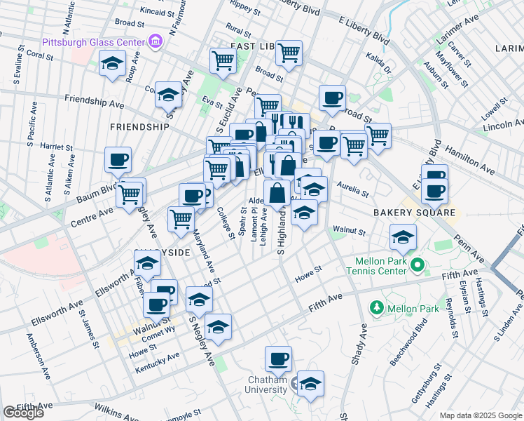 map of restaurants, bars, coffee shops, grocery stores, and more near 319 Lehigh Avenue in Pittsburgh