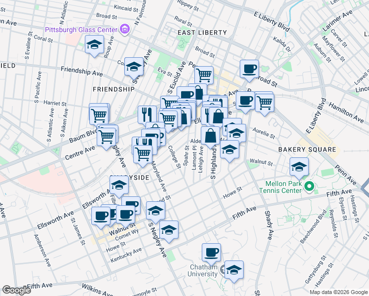 map of restaurants, bars, coffee shops, grocery stores, and more near 321 Spahr Street in Pittsburgh
