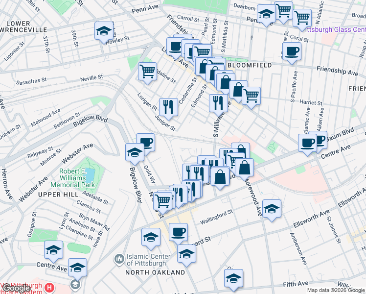 map of restaurants, bars, coffee shops, grocery stores, and more near 18 Hemingway Street in Pittsburgh