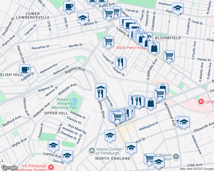 map of restaurants, bars, coffee shops, grocery stores, and more near 461 Melwood Avenue in Pittsburgh
