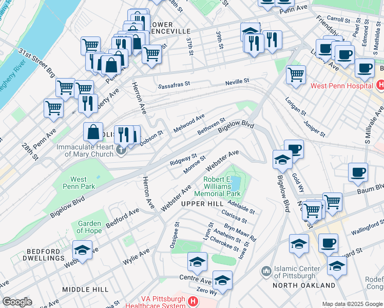 map of restaurants, bars, coffee shops, grocery stores, and more near 3396 Ridgway Street in Pittsburgh