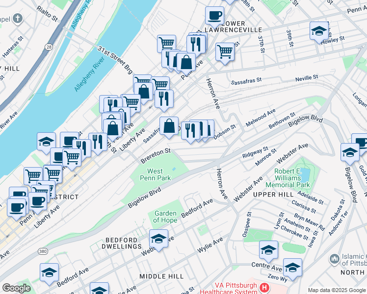 map of restaurants, bars, coffee shops, grocery stores, and more near 3011 Brereton Street in Pittsburgh