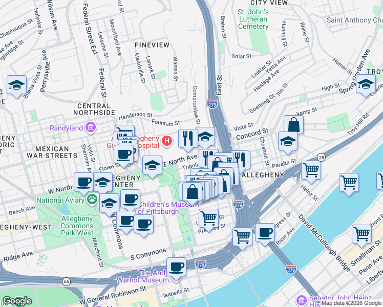 map of restaurants, bars, coffee shops, grocery stores, and more near 516 East North Avenue in Pittsburgh