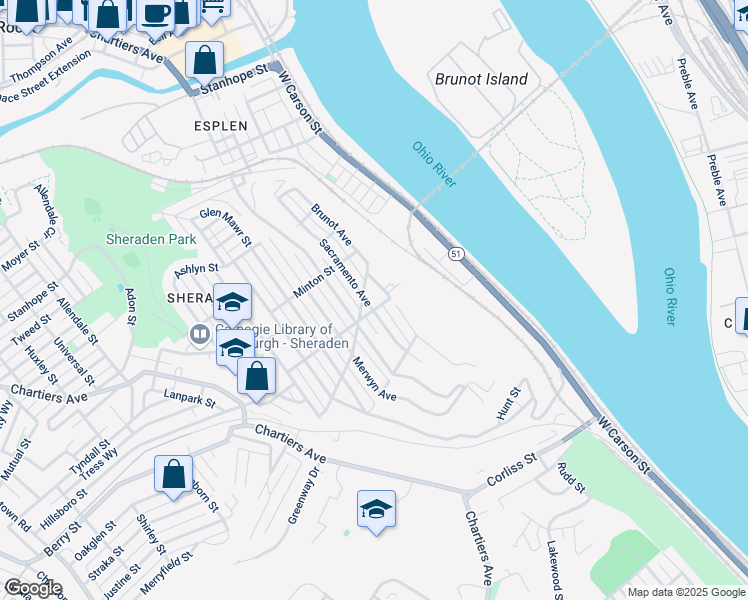 map of restaurants, bars, coffee shops, grocery stores, and more near 2900 Sacramento Avenue in Pittsburgh
