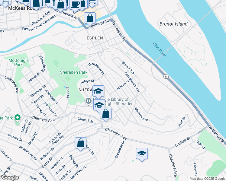 map of restaurants, bars, coffee shops, grocery stores, and more near 3004 Zephyr Avenue in Pittsburgh