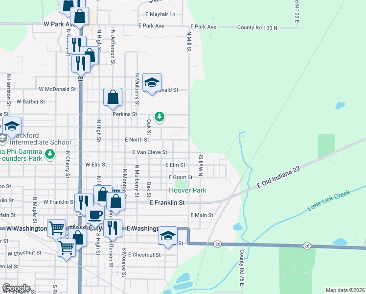 map of restaurants, bars, coffee shops, grocery stores, and more near 701-727 N Mill St in Hartford City