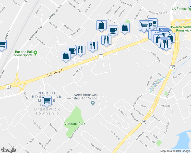 map of restaurants, bars, coffee shops, grocery stores, and more near 275 Constitution Circle in North Brunswick Township