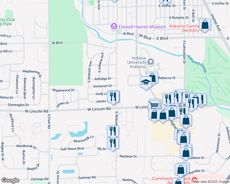 map of restaurants, bars, coffee shops, grocery stores, and more near 2509 South Webster Street in Kokomo