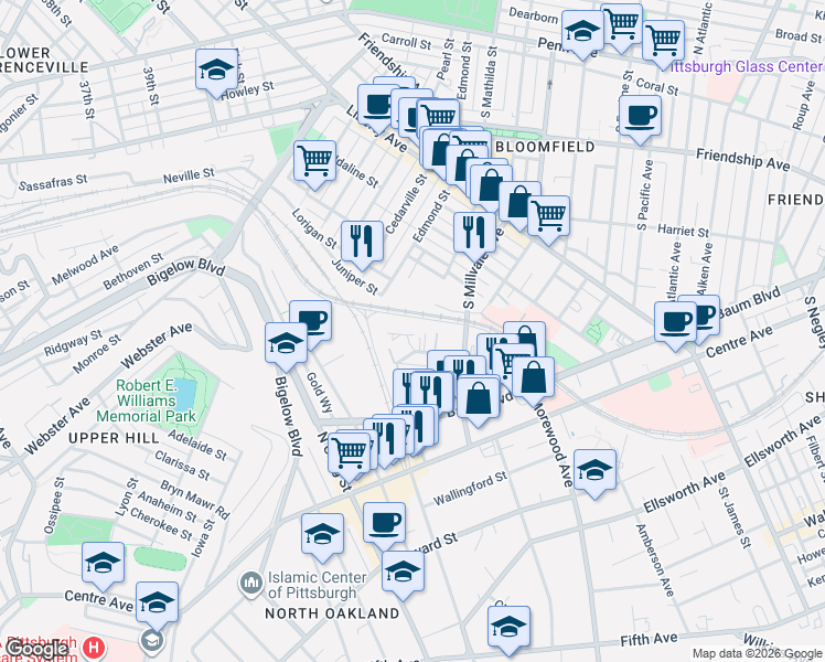 map of restaurants, bars, coffee shops, grocery stores, and more near 18 Hemingway Street in Pittsburgh