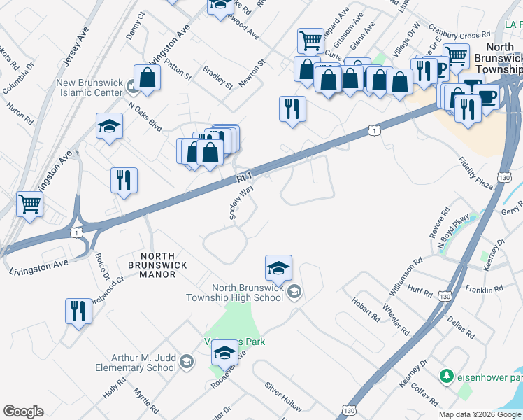 map of restaurants, bars, coffee shops, grocery stores, and more near 36 Lafayette Court in North Brunswick Township
