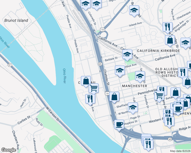map of restaurants, bars, coffee shops, grocery stores, and more near 1720 Metropolitan Street in Pittsburgh
