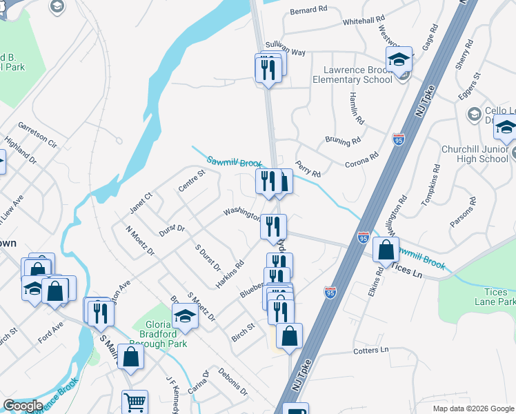 map of restaurants, bars, coffee shops, grocery stores, and more near 100 Ryders Lane in Milltown