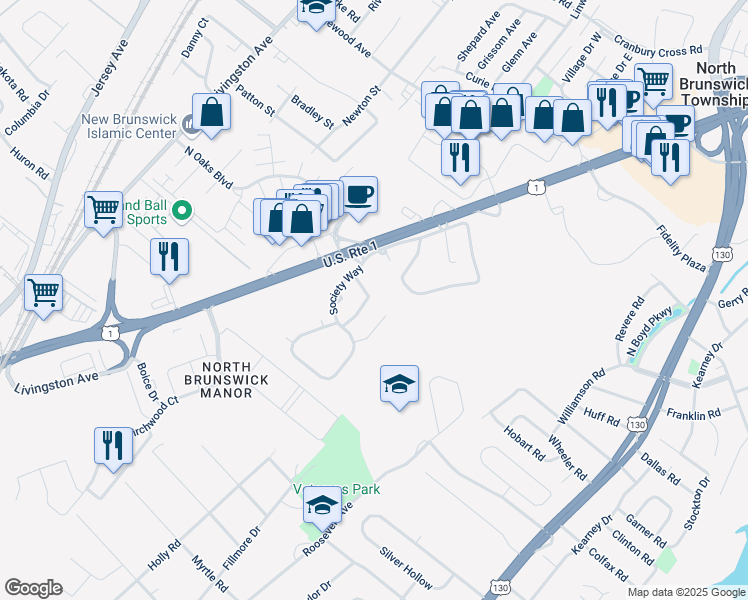 map of restaurants, bars, coffee shops, grocery stores, and more near 36 Lafayette Court in North Brunswick Township