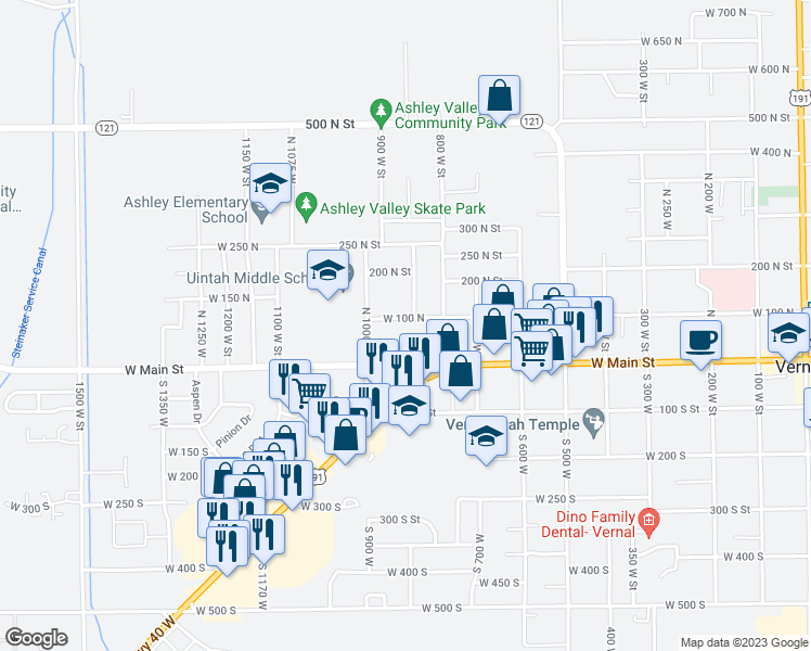 map of restaurants, bars, coffee shops, grocery stores, and more near 917 West 100 North in Vernal