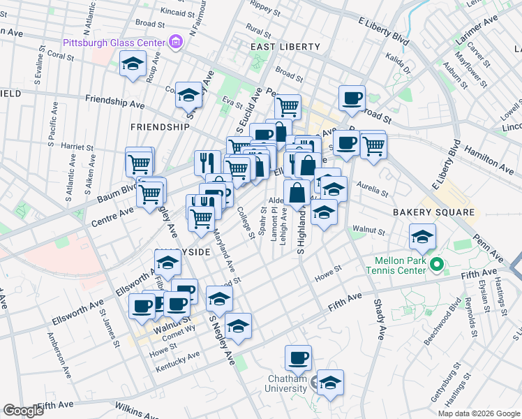 map of restaurants, bars, coffee shops, grocery stores, and more near 321 Spahr Street in Pittsburgh