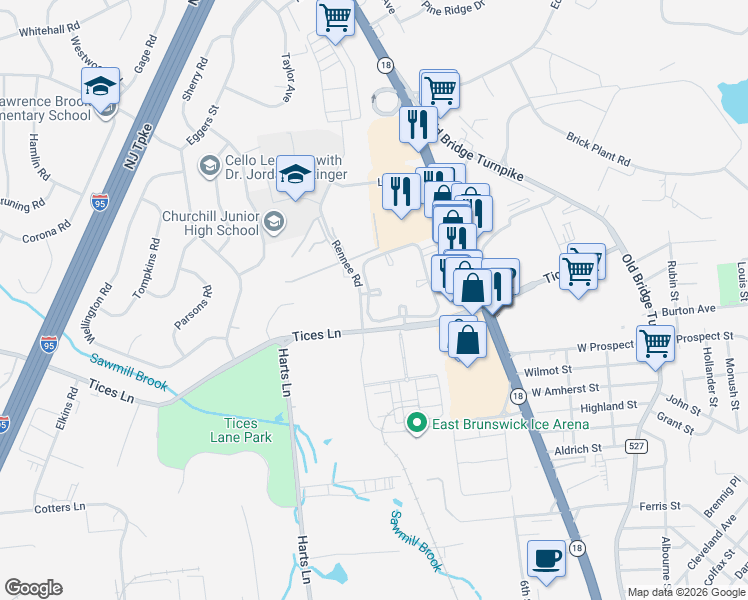 map of restaurants, bars, coffee shops, grocery stores, and more near 96 Longfield Court in East Brunswick