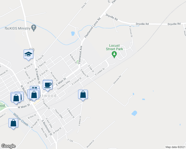 map of restaurants, bars, coffee shops, grocery stores, and more near 415 East Linden Street in Fleetwood