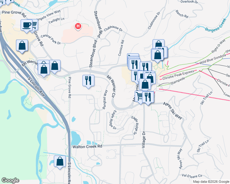 map of restaurants, bars, coffee shops, grocery stores, and more near 2160 Mount Werner Circle in Steamboat Springs