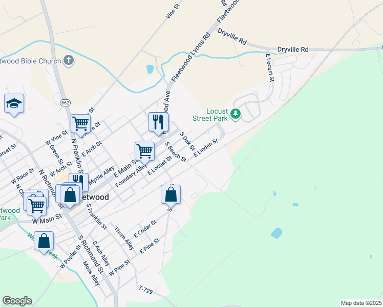 map of restaurants, bars, coffee shops, grocery stores, and more near 415 East Linden Street in Fleetwood