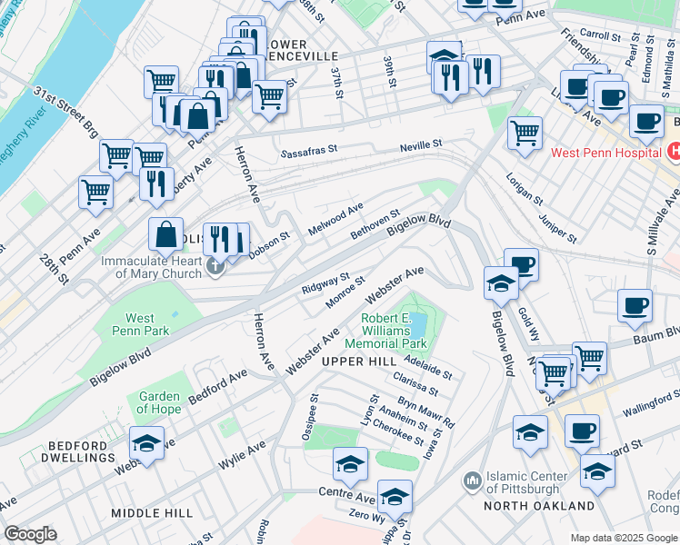 map of restaurants, bars, coffee shops, grocery stores, and more near 3396 Ridgway Street in Pittsburgh