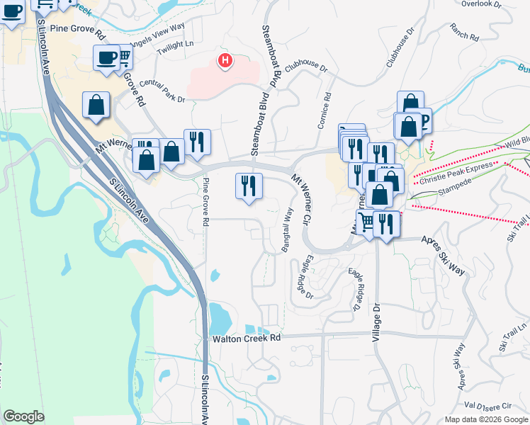 map of restaurants, bars, coffee shops, grocery stores, and more near 1175 Bangtail Way in Steamboat Springs