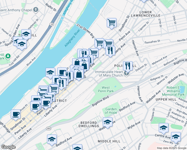 map of restaurants, bars, coffee shops, grocery stores, and more near 2828 Liberty Avenue in Pittsburgh