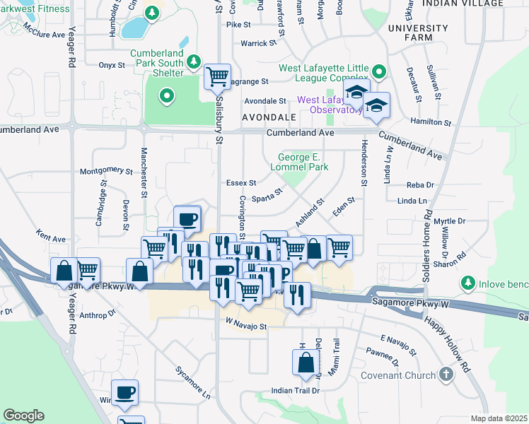 map of restaurants, bars, coffee shops, grocery stores, and more near 855 Barlow Street in West Lafayette