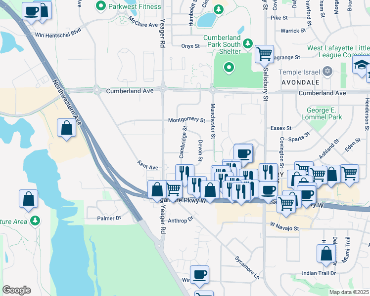 map of restaurants, bars, coffee shops, grocery stores, and more near 1000 Eton Street in West Lafayette