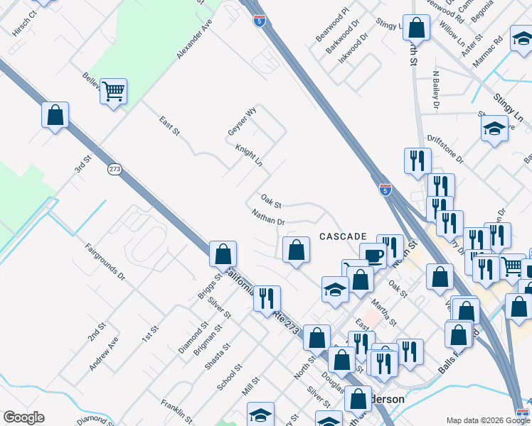map of restaurants, bars, coffee shops, grocery stores, and more near 3384 Nathan Drive in Anderson